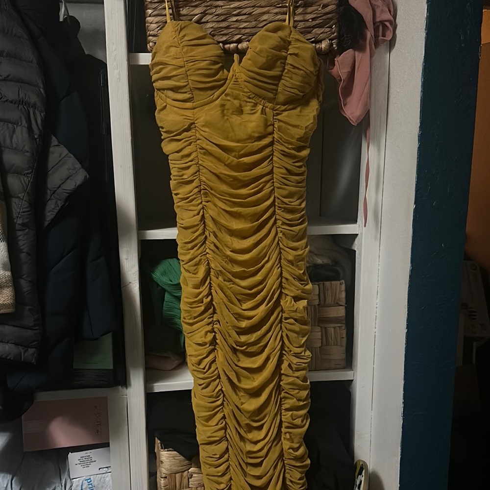 Fashion Nova Strapless Mustard Ruched Dress